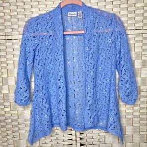Kim Rogers Light Blue Lace Shark Bite Hem Cardigan With 3/4 Ruched Sleeves